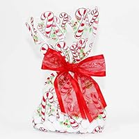 Candy Canes Christmas Holiday Cellophane Treat Party Favor Bags with Twist-Tie Organza Bow. Set of 10 Ready-to-Use, Gussetted 11x5x3 Goodie Bags with Red Bows.