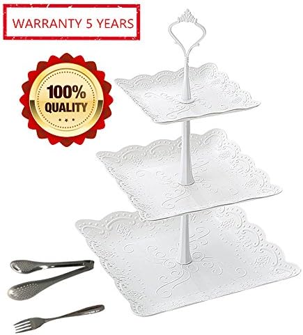 CHICBAKE Cupcake Stand and Towers 3 Tier White Pastry Dessert Stand for Party Wedding Plastic Square Serving Platter Tea and Trays Set