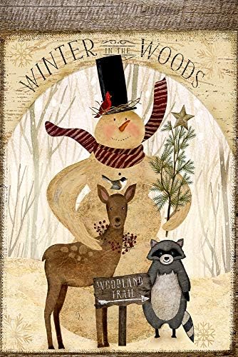 Snowman Winter in The Woods Welcome Trail Decorative Garden Flag, Double Sided, 12" x 18" Inches, Woodland Deer Raccoon Animal Sign Banner