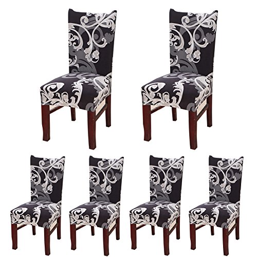 ColorBird Victorian Style Spandex Fabric Chair Slipcovers Removable Universal Stretch Elastic Chair Protector Covers for Dining Room, Hotel, Banquet, Ceremony (Set of 6, Black Scroll)