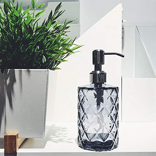 JASAI Diamond Design Glass Soap Dispenser with 304 Rust Proof Stainless Steel Soap Pump, Clear Glass 12 Oz Kitchen Soap Dispenser for Bathroom Accessories, Countertop (Clear Grey)