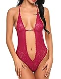 Naggoo Women's Sexy One Piece Lingerie Lace Crotchless Teddy Bodysuit (S / US 4, Dark Red)