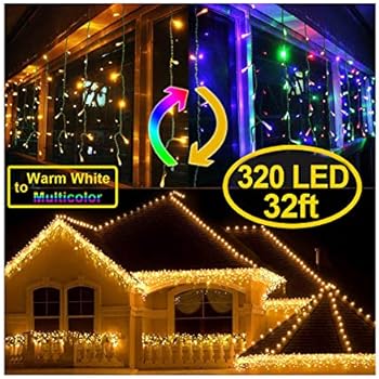 KNONEW Color Changing Icicle Lights, 320 LED 32ft, 9 Modes, Curtain Fairy Light with 64 Drops, Green Wire Icicle Twinkle Lights for Christmas, Holiday, Party Decorations (Warm White & Multicolor)