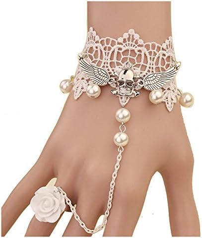 Sumery Halloween Trendy Skull Ring Bracelets White Lace Pearl Women Vintage