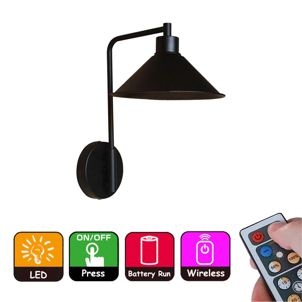 ANYE 1-Pack 55 Lumens Led Remote Control Battery Run Cordless Lamp Industrial Retro Wall Sconce Light Fixture for Porch Loft Wall Decor- Easy Installation, Dimmable Control,Battery Not Included