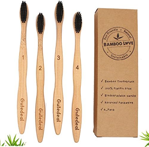 Bamboo Toothbrush,Natural Wooden Toothbrush Biodegradable Eco-friendly Travel Toothbrush, Organic Toothbrush, Soft BPA Free Nylon Bristles, Individually Numbered, Pack of 4