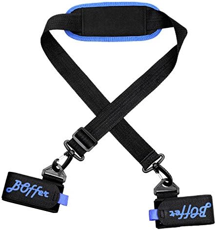 BOffer Ski and Pole Carrier Strap with Cushioned Velcro Holder + Shoulder padded, Adjustable Hook and Loop Thick Handle Boot Sling - EASY to Carry,Store