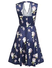 funpor Mujer Casual sin mangas cuello en V ajuste y Flare Floral A-Line Vestido de fiesta de cóctel