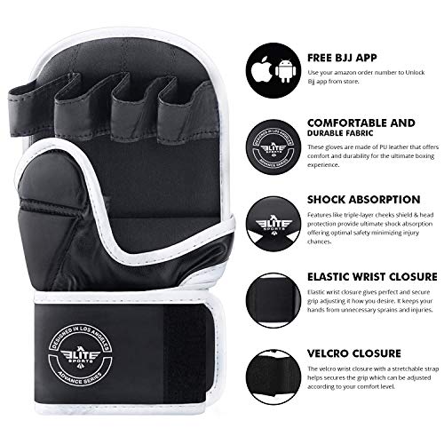 Elite Sports MMA Grappling Training Sparring Mitts Gloves, Best MMA Gloves for Grappling Martial Arts (Black/White, Large/X-Large) - Thumbnail 2