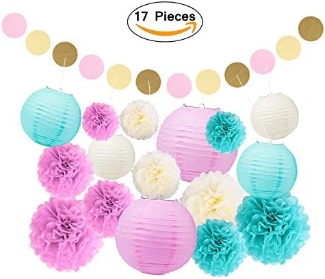 PROMENE Decorative Paper Party Pack (17pcs) Paper Lanterns and Pom Pom Balls