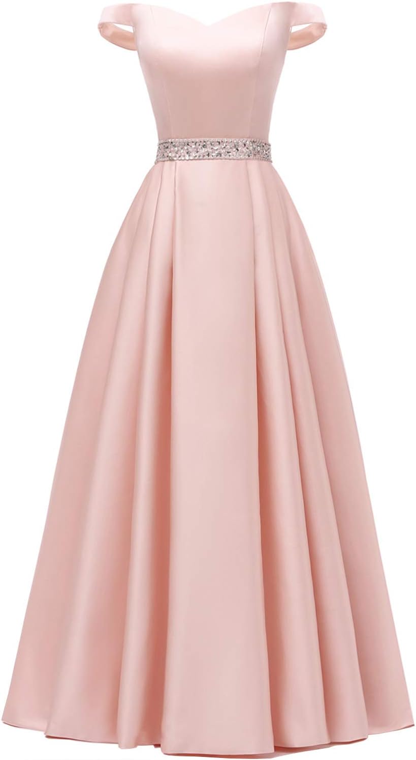 Women's Off The Shoulder A-line Beaded Satin Prom Dress Long Evening Ball Gown with Pockets