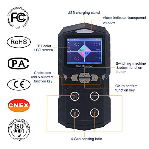 4 Gas Detector Handheld Multi Gas Monitor | Color Display with Graphing | Rechargeable Battery Sound Light Vibration Alarm, 2-Year Detector