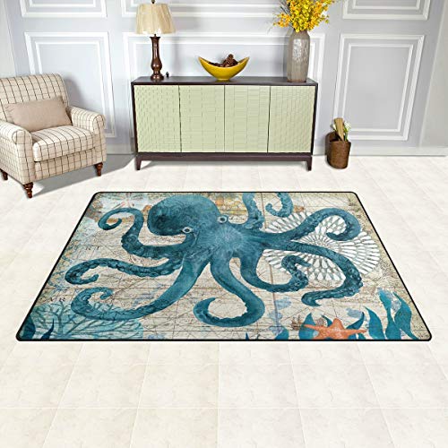 Blue Octopus Nautical Map Area Rugs 5' x 3' Door Mats Indoor Polyester