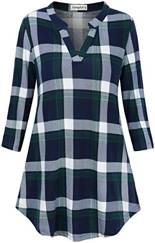 SUNGLORY Women's Casual 3/4 Sleeve V-Neck Plaid Shirts Pullover Top