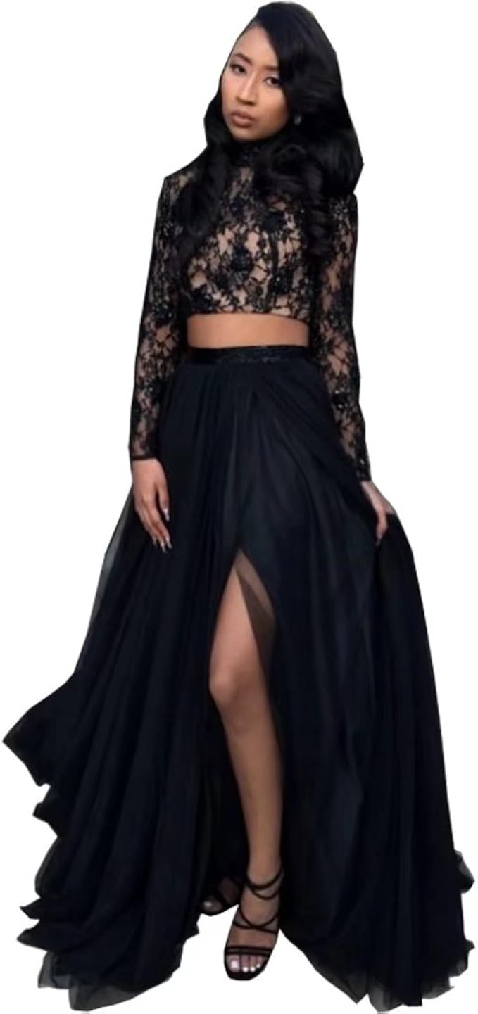 black long sleeve two piece prom dress