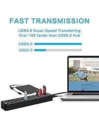 KINFAYV Alimentado USB Hub Splitter   11 Puertos Alta Velocidad USB 3.0 Hub (7 Puertos USB Hub de Datos + 4 Puertos de Carga Inteligente) con Interruptores Individuales de Encendido Apagado y Adaptador de Alimentación para MacBook, Laptop, PC, Smartphones