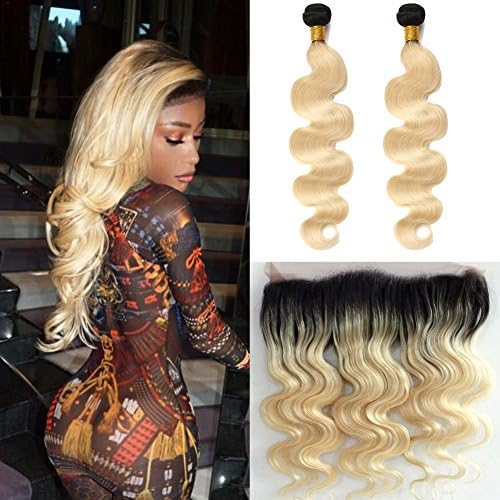 AllHairz Ombre Bleach Blonde 8A Brazilian Virgin Human Hair Bundles with 360 Lace Frontal Closure Pre Plucked 22.5×4×2 Dark Roots Platinum Blonde 2 Tone 1B 613 Body Wave (12 14 with 10 frontal)