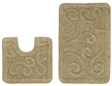 Cotton Craft - 2 Piece Bath Rug Set - Large Scroll - Sage - 100% Pure Cotton - with Spray Latex Back- High Quality - Super Soft and Plush - Classic Scroll Design - All Hand Made - Hand Tufted Heavy Weight Durable Construction - Larger Rug is 21x32 Oblong and Second rug is Contour 21x20 - Easy care machine wash
