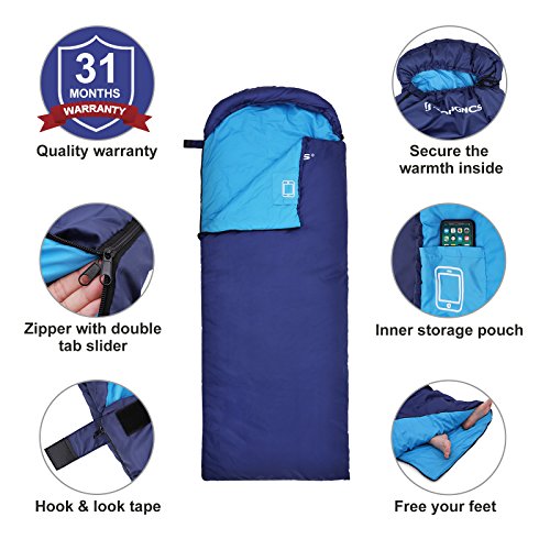 SONGMICS Sleeping Bag with Hood for 20℉-50℉, Lightweight Portable with Compression Sack, for 3 Season Traveling, Camping, Hiking, Backpacking, Outdoor Activities