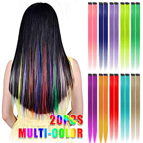 Hawkko 20PCS Colored Clip in Hair Extensions 22 Inch Colorful Straight Party Highlights Multi-Colors Synthetic Hairpieces for Women Girls