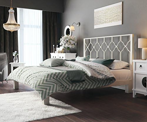 In Style Furnishings Aura Modern Metal Low Profile Thick Slats Support Platform Bed Frame With Honeycomb Headboard - King Size, White