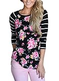 Bdcoco Women's Striped 3/4 Sleeve Floral Print T-Shirts Casual Blouse Tops Large Black Large / 12-14