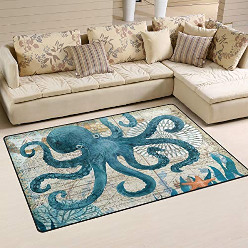 Blue Octopus Nautical Map Area Rugs 5' x 3' Door Mats Indoor Polyester Non Slip Multi Rectangle