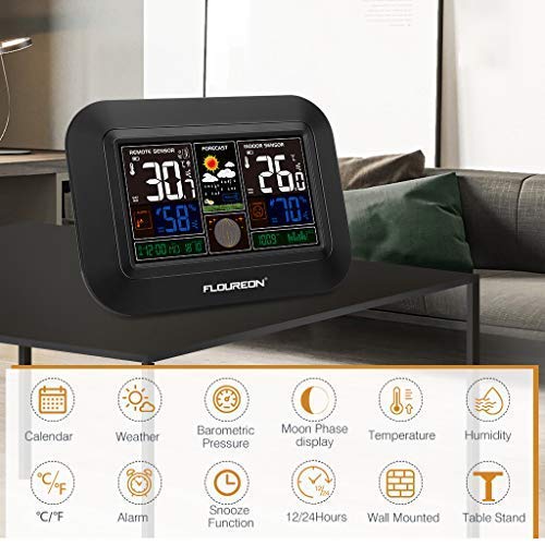 Weather Forecast Station,Digital Home Weather Station with Morning Noon and Night Precision Forecast, In/Outdoor Temperature and Humidity Gauge Calendar Weather Forecaster Snooze Alarm Clock -Black