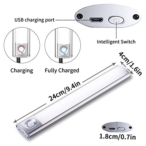 Motion Sensor Light Wireless 33-LED Build 240mm Bar USB Rechargeable Battery 3M Magnetic Tape 4 Modes Portable DIY Stick-on Anywhere Night Light Cabinet/Closet/Wardrobe/Stairs/Step Light (Pure White)