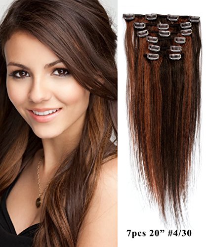 Mike & Mary 100% Remy Human Hair Clip in Extensions 20” Silky Straight Clip on Hair Extensions (Dark Brown/medium Auburn #4/30)