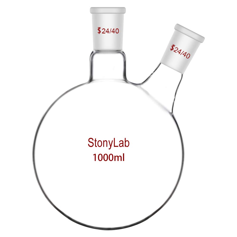 StonyLab 1000ml Glass 2 Neck Round Bottom Flask RBF, with 24/40 Center