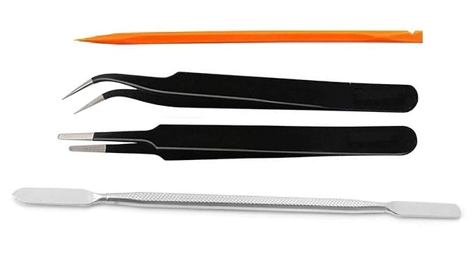 Axtella Set of 2 ESD Non Magnetic Tweezer- Curved and Flat Tip Use for Dental/Mobile/Gadget/Laptop and Jewellery Repair With 1 Steel Opener and 1 Plastic Spudger Stick Repair Tool Kit