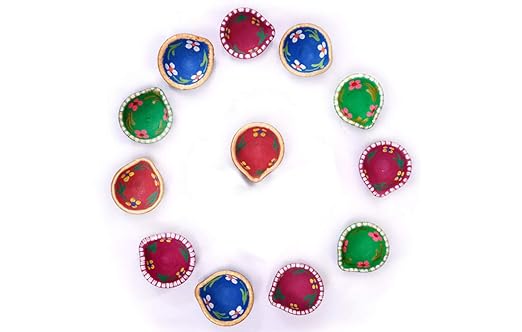 SHREE JEE Handmade Traditional Clay Mitti Colourful Diya Candle/Terracotta diyas for All Kind of Festival Diwali/Navratri & Home Decoration Lights Gift (Multicolor) (Pack of 12)