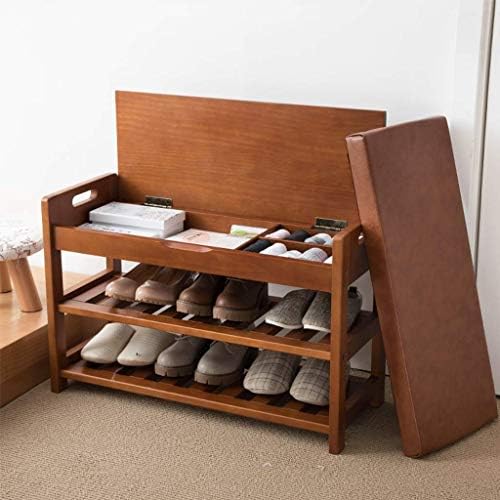 AOLI Shoe Bench Shoe Storage Bench 2 Tier, Entryway Solid Wood Shoe Rack Bench Brown, with Storage and Pu Cushion, Entryway Modern Bench Organizer,Long 74cm