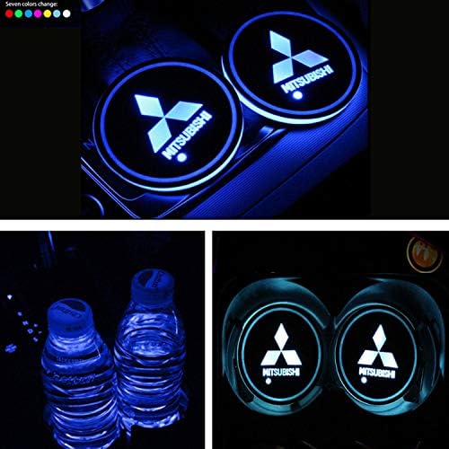 Lntly LED Car Logo Cup Holder Pad Waterproof Bottle Drinks Coaster Built-in Light 7 Colors Changing USB Charging Mat LED Cup Mat Car Atmosphere Lamp 2PCS for AMG Accessories (Fit Mi-tsubi-shi)