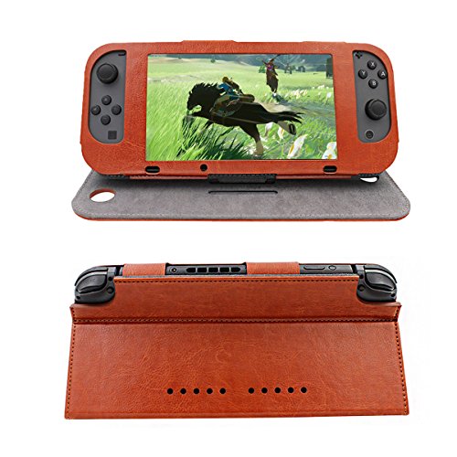 Rocontrip Nintendo Switch Case PU Leather Stand Case with Magnetic Cover for Nintendo Switch Console and Joy-Con, Brown