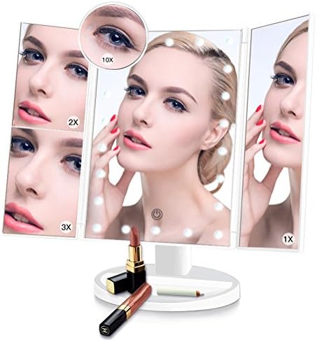 Makeup mirror,22 LED lights, Tri-fold Illuminated Vanity Mirror 1x/2x/3x/10x Magnification, Vanity Cosmetic Mirror with Touch Screen,and 180 Adjustable Stand for Table(White)