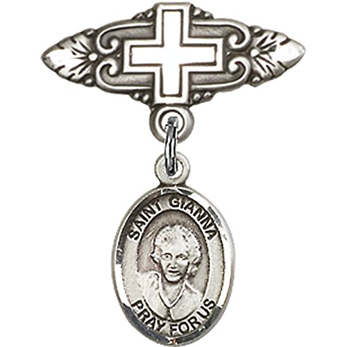 Sterling Silver Baby Badge with St. Gianna Beretta Molla Charm and Badge Pin with Cross 1 X 3/4 inches