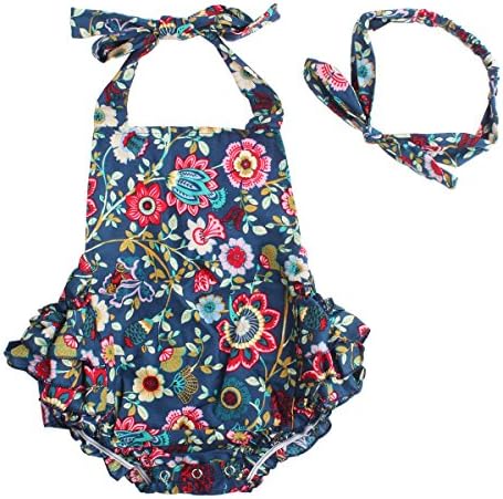 Baby Girls 2pcs Sets Cotton Ruffles Romper Outfits Clothes (S:6Months, Navy Blue TengHua)