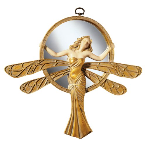 Design Toscano Dragonfly Art Deco Wall Mirror Sculpture, 11 Inch, Polyresin, Gold and Ivory