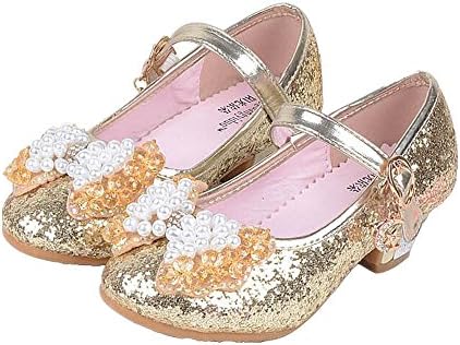 Princess Girls Low Heels Dress Shoes Kid Party Pumps(Gold 28/11 M US Little Kid)