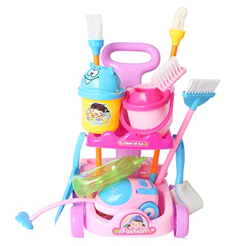 13 Piece 9.5" Mini Cleaning Cart Playset Household Appliances Tools Pretend Play Set Vacuum Cleaner Cleaning Trolley for Kids Cleaning Supplies Toys Broom, Mops, Brushes, Caution Sign(No.666-86)