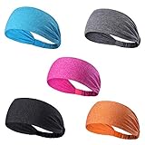 Set of 5 Women's Yoga Sport Athletic Headband For Running Sports Travel Fitness Elastic Wicking Non Slip Style Bandana Basketball Headbands Headscarf fits all Men & Women (Style 1 - 5 Color) Sea Blue, Grey, Rose Red, Dark Grey, Orange