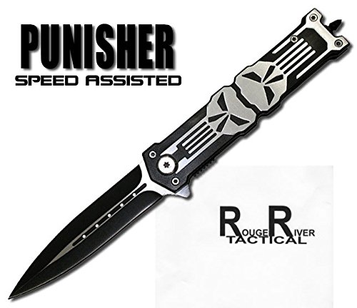 Rogue River Tactical Punisher Glass Breaker Spring Assisted Knife Black Special Forces Skull
