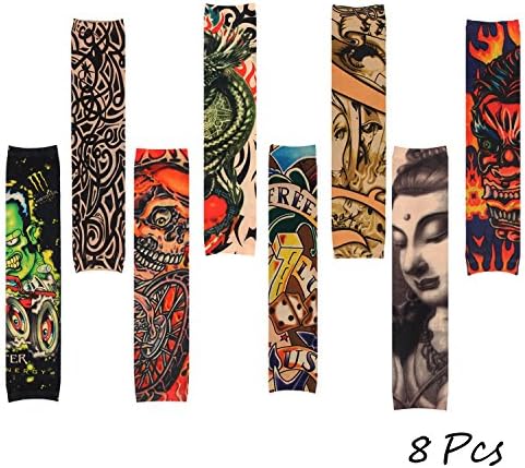 Enlody 8pcs Fake Temporary Tattoo Arm Sunscreen Sleeves UV Protection - Skull, Tribal Shape, Dragon and etc