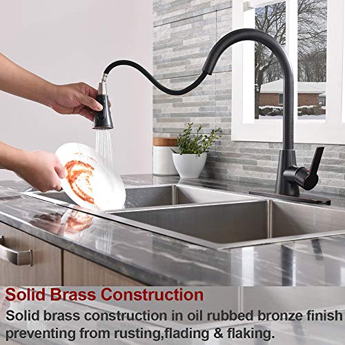 VALISY Lead-free Antique Stainless Steel Single Handle Single Lever Pull Out Pull Down Sprayer Oil Rubbed Bronze Kitchen Sink Faucet, Kitchen Faucet with Deck Plate - Thumbnail 5
