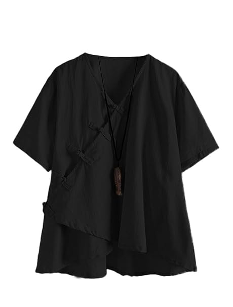 MatchLife Damen Leinen Tops Klassisches Vintage T-Shirt Chinesisch V-Ausschnitt Tunika Bluse
