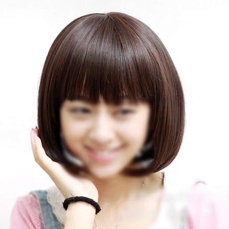 Amazon Co Jp Heshun 劉海のシルク髪ふわふわインナー梨髪茶ショートストレートヘアウィッグフラット前髪ボブスタイルウィッグ自然なレディ Color Dark Brown ビューティー