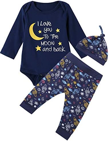 Baby Boys 3PCS Outfit Set Space Ship to The Moon and Back Romper Long Pants with Hat