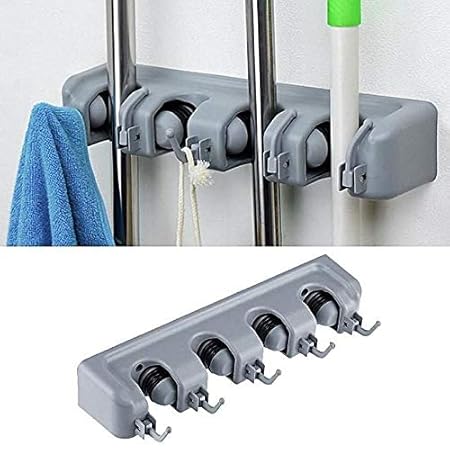 Lukzer 1 Pc Multipurpose Wall Mounted Holder Mop and Broom Holder/Mop and Broom Holder/Space Saving Storage Rack for Kitchen Garden and Garage,Laundry Offices(4 Position with 5 Hooks)